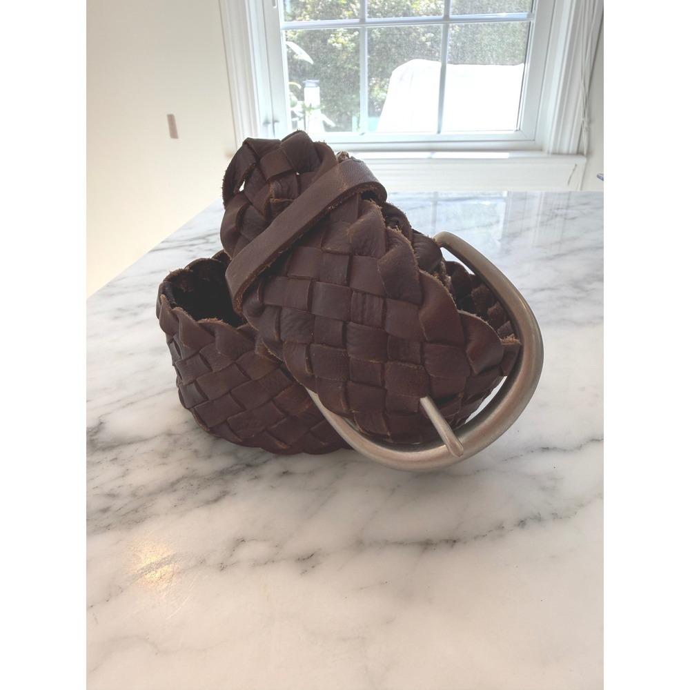 Dark Brown Braided Woven Leather Belt Silver Tone Buckle Wide Boho Medium/Large